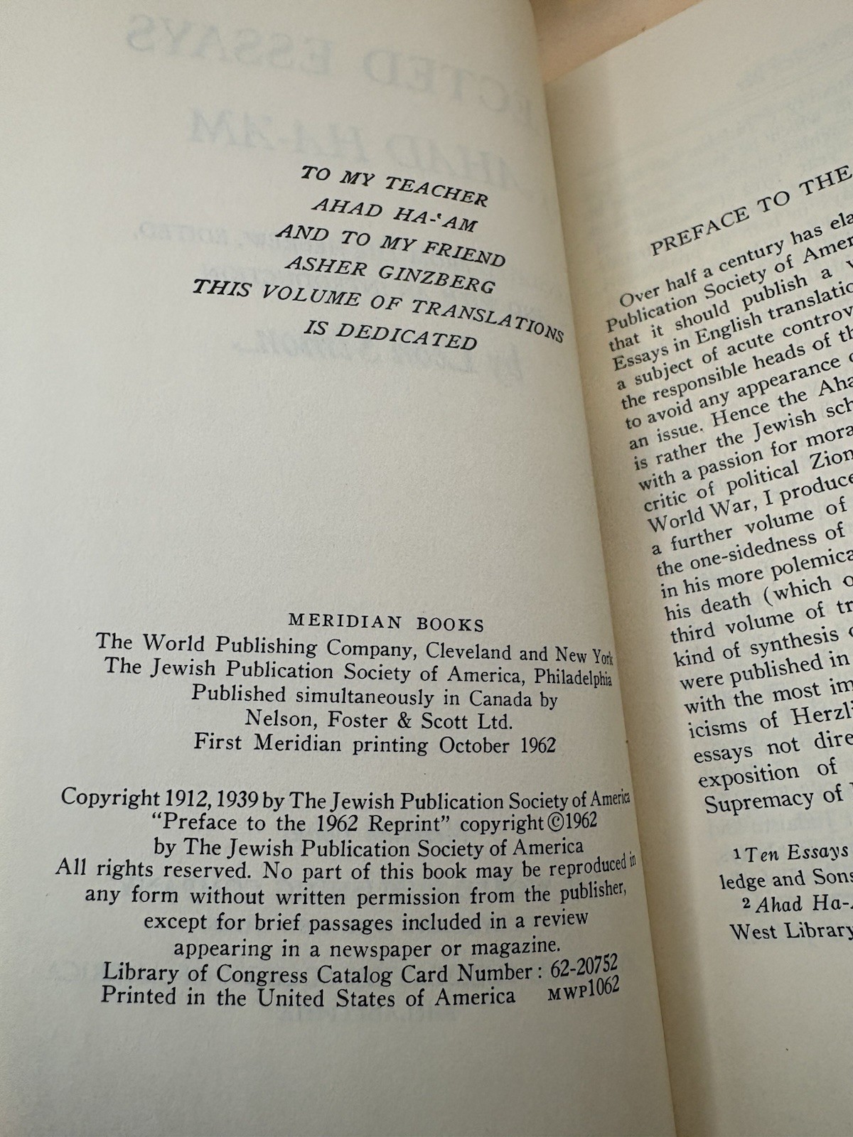 Selected Essays of Ahad Ha-’Am 1962 Meridian Books Jewish Publication Soc