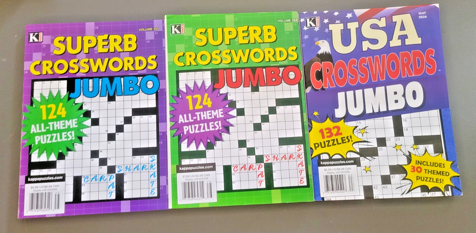 Lot of 3 Jumbo Crossword Books by Kappa -USA & 2 Superbs- 380+ Puzzle Challenges