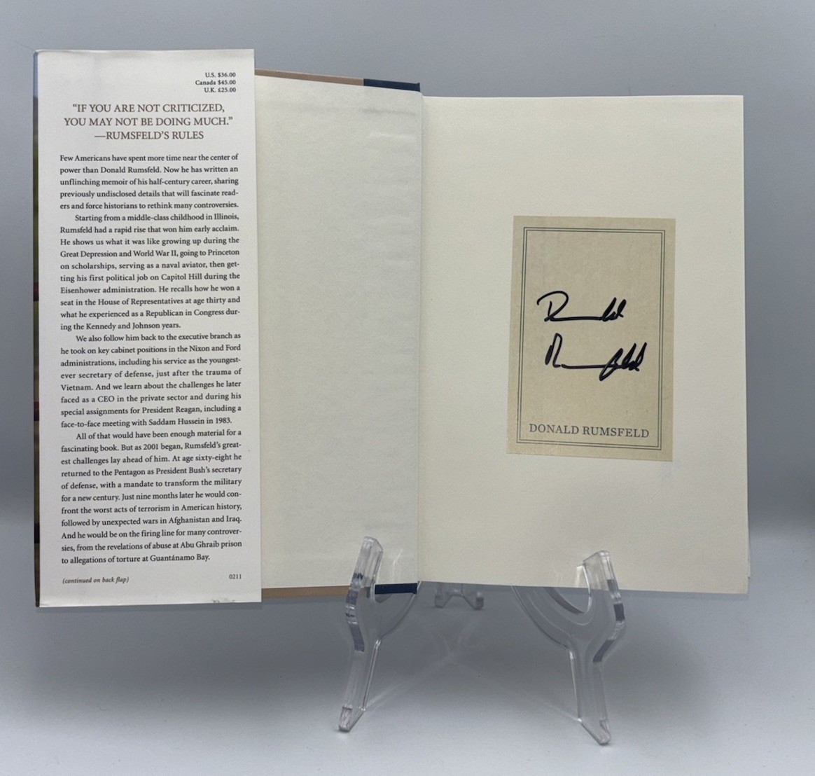 DONALD RUMSFELD SIGNED AUTOGRAPHED KNOWN AND UNKNOWN HC BOOK SHIPS ASAP RARE