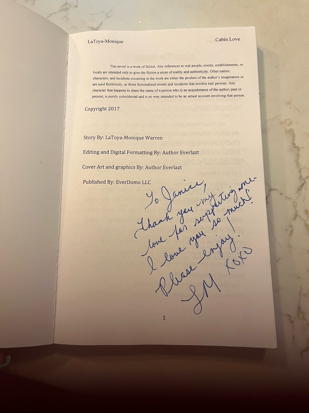 Cabin Love: Letters of Fate By Latoya Monique Warren SC 2017 Signed