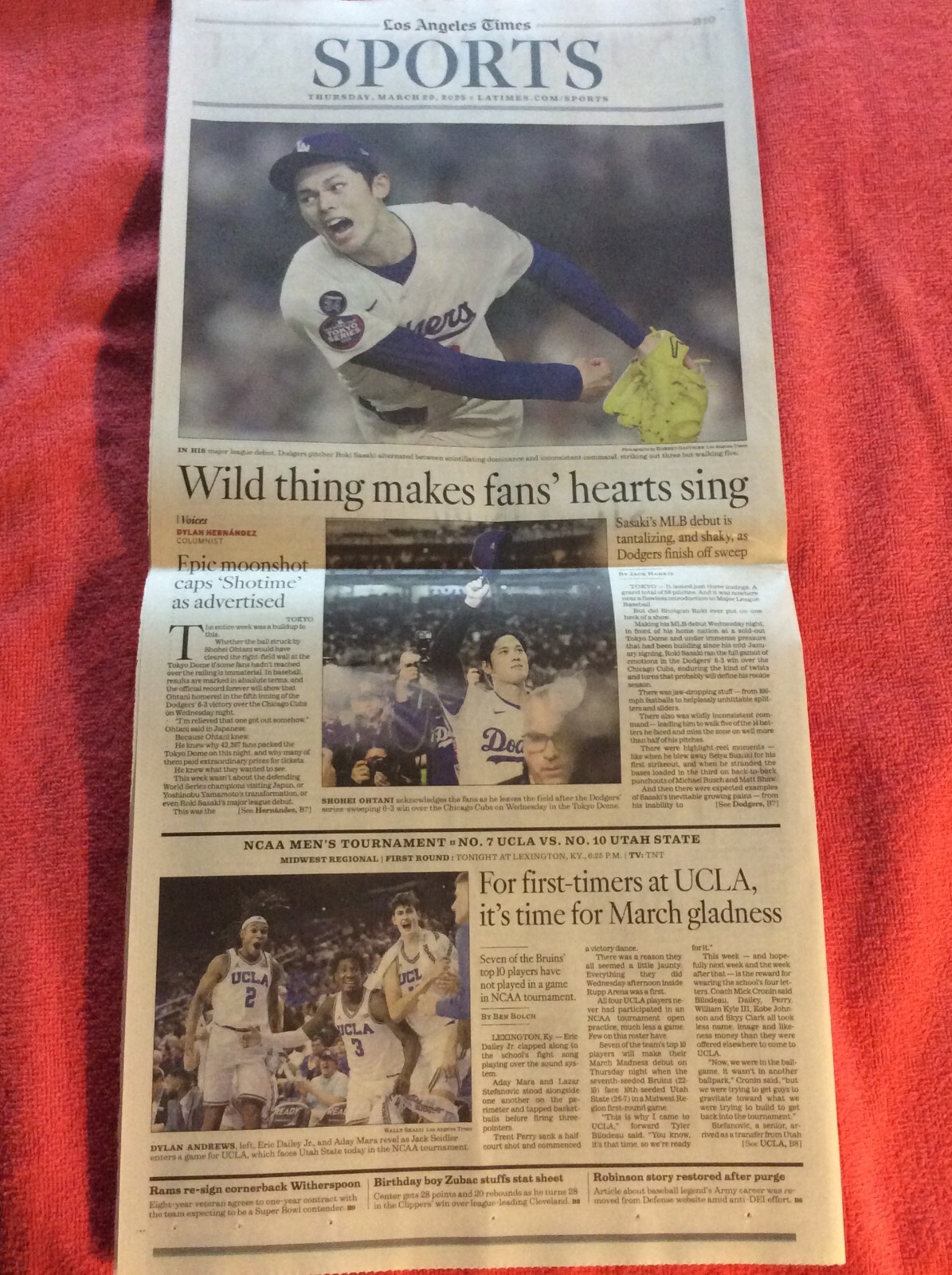 LA TIMES SPORTS SECTION MARCH 20 2025 DODGERS SHOHEI OHTANI ROKI SASAKI