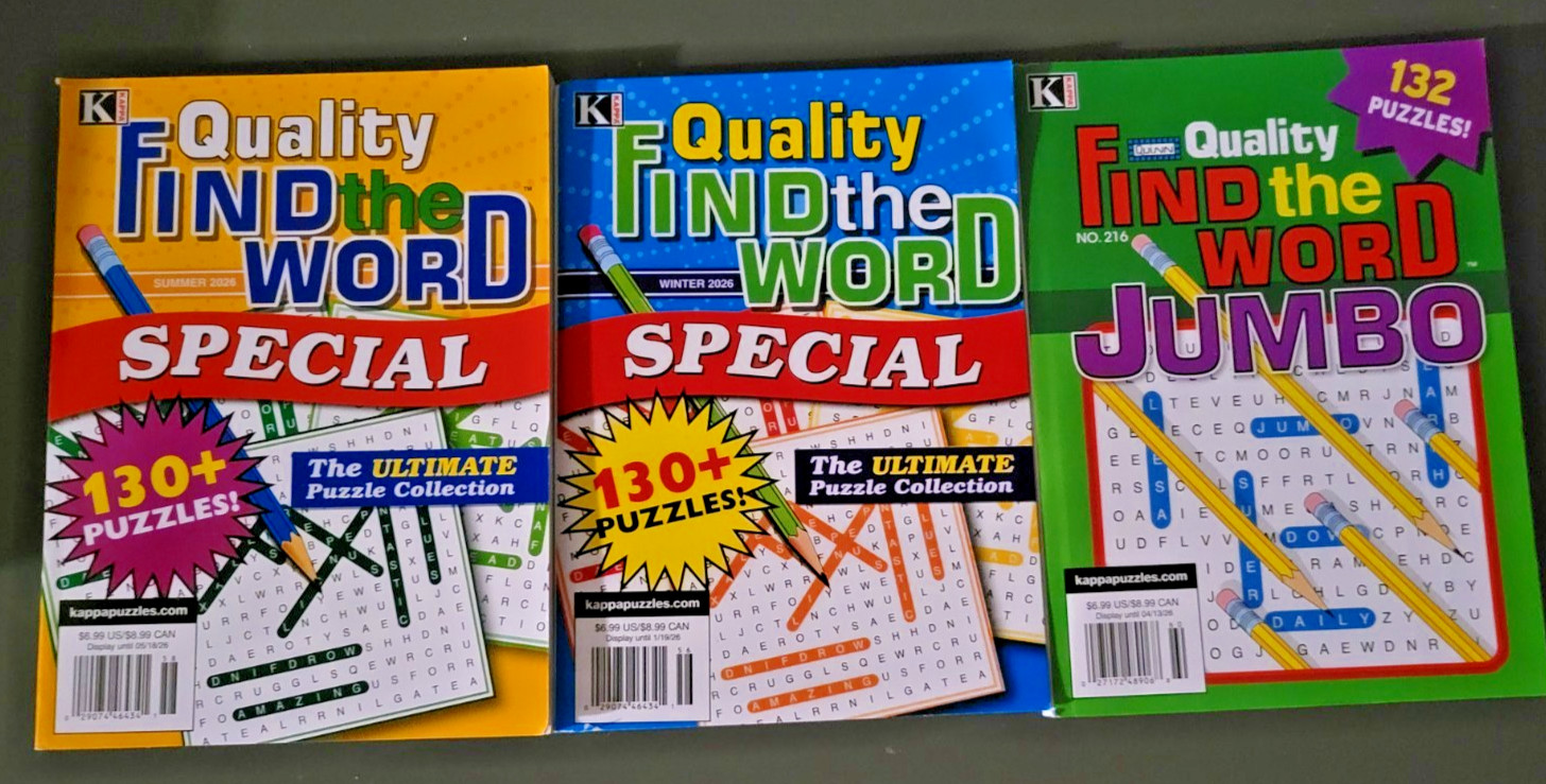 Lot of 3 Find-the-Word Puzzle Books by Kappa – 2 Special & Jumbo 390+ Challenges