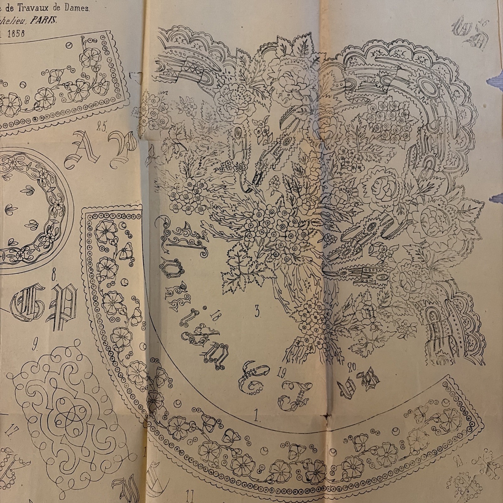 Rare Antique French Embroidery Pattern Sheet – Cendrillon Journal (January 1858)